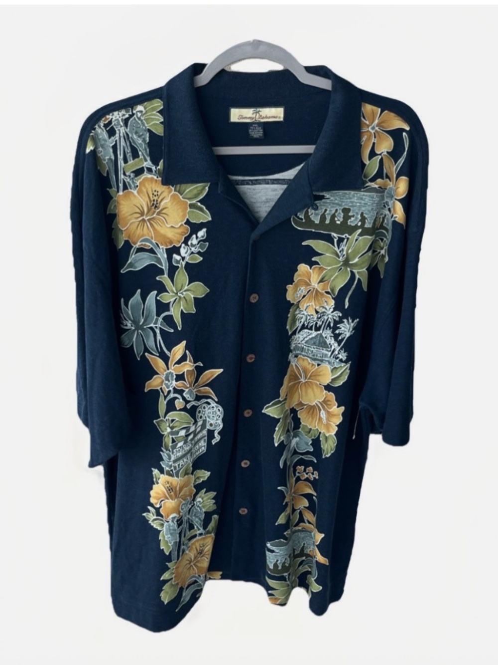 Vintage Tommy Bahama Tropical Movie Film Navy Silk Blend Button Front Shirt XXL